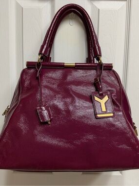 Yves Saint Laurent Glossy Plum Patent Satchel with Gold Accent